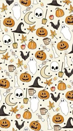 halloween themed wallpaper with pumpkins, ghost and jack - o'- lanterns