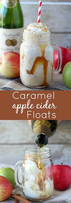 caramel apple cider floats in a mason jar