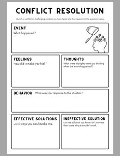 the conflict resolution worksheet is shown in black and white with an image of a person's head