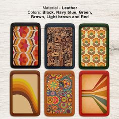 four coasters with different designs on them and the words material leather colors black, navy blue, green, brown, light brown and red