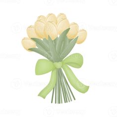 a bouquet of yellow tulips tied with a green bow