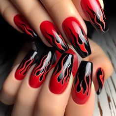 Fire Themed bold Red nail Art design for Coffin-Shaped Nails Nails Acrylic Fire Flames, Black And Red Fire Nails, Red Fire Nails Designs, Fire Nail Art Design, Fire Nails Acrylic, Acdc Nails, Rock Nails Designs, Red Fire Nails, Nail Art Coffin Shape