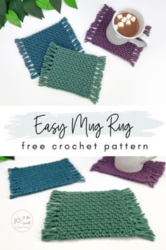 four crocheted coasters with the text easy my rug free crochet pattern