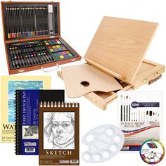 an assortment of art supplies including watercolors, pencils, and markers are on sale