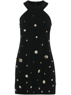 black crepe texture gold-tone stud embellishment floral appliqué with crystal embellishment sun-shape stud embellishment dart detailing halterneck sleeveless concealed rear hook and zip fastening thigh-length straight hem full lining Chic Embellished Summer Halter Dress, Chic Embellished Halter Dress For Summer, Chic Summer Embellished Halter Dress, Embellished Halter Neck Evening Dress, Chic Embellished Cocktail Halter Dress, Chic Embellished Halter Dress, Chic Embellished Halter Dress For Cocktail, Chic Fitted Embellished Halter Dress, Embellished Sleeveless Halter Dress For Night Out