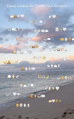 an image of the beach with clouds in the sky and hearts floating out of it