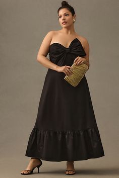 Wrap up your look: THIS is the bow ment, with an oversized bow on the bodice, strapless neckline, and flounced hem. | Bow-Tie Maxi Dress by Hutch in Black, Women's, Size: 0, Polyester/Cotton/Elastane at Anthropologie Black Tie Event Dresses, Summer Slip Dress, Romantic Maxi Dress, Holiday Dresses Women, Winter Wedding Guests, Tie Maxi Dress