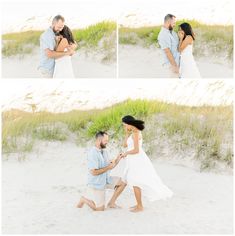 a couple walking on the beach holding each other's hands and smiling at each other