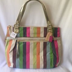 Nwt & Authentic Coach Poppy Legacy Stripe Glam Msrp $258 Authentic Guaranteed, Purchased Directly From Coach In Brand New Condition Signature Sateen Fabric With Leather Trim. Outside & Inside Zip Pockets, Slip& Multi-Function Pockets. Gold-Tone Hardware. Zip Top Closure & Satin Lining. Approx. Size: 15"X17"X5" Handles Drop Approx: 8" 3 Hang Tags Stored In Plastic Bag, Smoke Free & Pet Free Environment. Multicolor Coach Bags For Spring, Multicolor Coach Shoulder Bag For Everyday Use, Coach Multicolor Shoulder Bag For Everyday, Coach Multicolor Everyday Bag, Everyday Multicolor Coach Shoulder Bag, Multicolor Double Handle Coach Shoulder Bag, Yellow Double Handle Coach Shoulder Bag, Coach Yellow Double Handle Shoulder Bag, Multicolor Coach Shoulder Bag