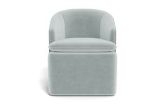 a light blue chair with a rounded back and foot rest on an isolated white background