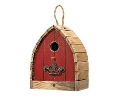 a wooden birdhouse with a door and handle