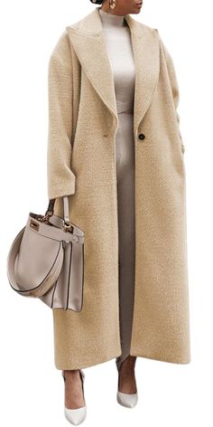 Formal Long Coats For Women, Cream Long Coat, French Fashion Women, European Womens Fashion, Winter Sweaters For Women, Womens Winter Fashion, Overcoat For Women, Women Trench Coat, Jacket With Jeans