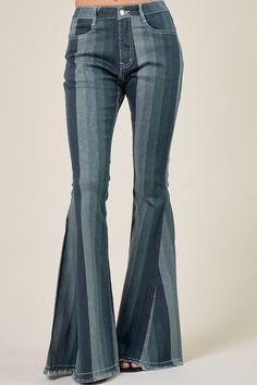 flared denim jeans, striped jeans, very 70s, fun, stretched denim pants, fringe detail at hem, very flattering, perfect with platforms for complete look. 70s Pants, Outfits 70s, Flared Denim, 70s Outfits, Stretch Denim Pants, Flare Denim Jeans, Striped Jeans, Washed Denim, Denim Flares