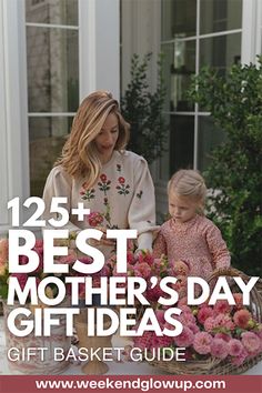 a mother's day gift guide for moms with flowers in the basket and text overlay