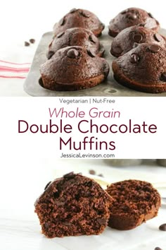 chocolate muffins with text overlay that reads, whole grain double chocolate muffins