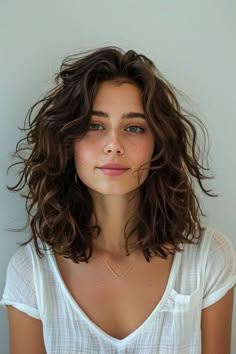 Medium Short Hairstyle Women Wavy Hair, Shaggy Naturally Wavy Hair, Collarbone Length Hair With Layers Curly, Lob With Bangs Curly Hair, Medium Length Wavy Hair Curtain Bangs, Below Shoulder Curly Hair, Haircuts To Bring Out Natural Waves, Hairstyles Curls Medium, Curly Hair Lob Shoulder Length