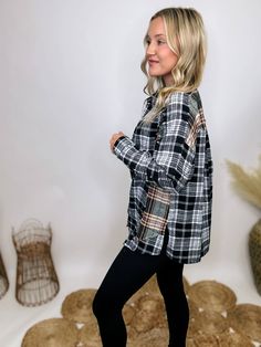 Contrast Flannel Casual Shirt with Frayed Hems Elevate your casual wardrobe with our Contrast Flannel Casual Shirt. This button-down, long sleeve shirt features a timeless black and white plaid pattern with a subtle pop of olive, adding a touch of modern flair. The frayed hem details throughout give it a relaxed, laid-back vibe, perfect for everyday wear. The relaxed fit ensures comfort and versatility, making it an ideal choice for a variety of settings. Wear it to a pumpkin patch outing, a cas Black Long Sleeve Flannel Shirt For Fall, Oversized Black Flannel Shirt For Fall, Long Sleeve Flannel Shirt For Fall, Fall Long Sleeve Flannel Shirt, Black Flannel Shirt For Work, Oversized Black Flannel Top, Fall Plaid Flannel Tops, Black Flannel Top For Fall, Long Sleeve Flannel Top For Fall