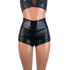 "**Due to SO MANY issues with USPS - we STRONGLY ENCOURAGE you to purchase the UPS Upgrade with your order located here: https://www.etsy.com/listing/926751536/ups-upgrade Sexier and more flattering! Our classic high-waisted booty shorts made in black metallic \"wet-look\" or faux-leather spandex with ruching on each side. Made to flatter your figure and move with you. The standard inseam is 2.5\" - but can be customized. Women's Sizing (See below for instructions on where measurements should be Wrestling Clothes, Festival Clothes, Dance Shorts, Metallic Fabric, Roller Derby, Wet Look, Leather Shorts, Rave Outfits, Black Metallic