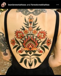 the back of a woman's body with tattoos on her upper and lower back