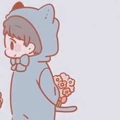 a drawing of a boy in a blue bear costume holding a bouquet of daisies