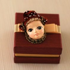 The size of this brooch is 50 mm* 30 mm. To make it, I used a metal clasp,   a leather base, beads, lace and doll face made of Paper Clay and painted   with acrylics. Packed in a beautiful gift box. Havdalah Candle, Cute Mothers Day Gifts, Candle Carving, Blue Candles, Ooak Art Doll, Hand Candle, Lovely Shop, Brooches Handmade, Paper Clay