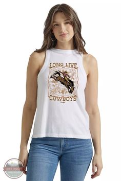 Wrangler 112347630 Long Live Cowboys Tank Top Front View Western Wear T-shirts & Tank Tops, Long Live Cowboys, Bronc Rider, Retro Western, Ladies Clothing, Long Live, Brilliant Colors, High Cut, Sunny Days