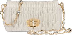 Elegant White Quilted Bag, Elegant Quilted Party Bag, White Quilted Evening Bag, Elegant Miu Miu Formal Bags, Elegant Miu Miu Shoulder Bag For Evening, Luxury Quilted Party Bag, Elegant Miu Miu Leather Shoulder Bag, Luxury Miu Miu Evening Shoulder Bag, Luxury White Shoulder Bag With Turn-lock Closure