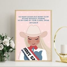 a poster with a woman wearing a cowboy hat on top of a shelf next to flowers