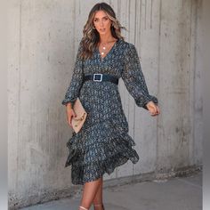 Cute Long Sleeved Midi Dress, Never Been Worn. Elegant Blue Floral Long Sleeve Dress, Elegant Long Sleeve Blue Floral Dress, Elegant Blue Long Sleeve Floral Dress, Fall Chic Tiered Dresses, Blue Ruffle Hem Dress For Fall, Blue Fall Dress With Ruffle Hem, Blue Tiered Fall Dress, Olive Green Midi Dress, Vici Dress