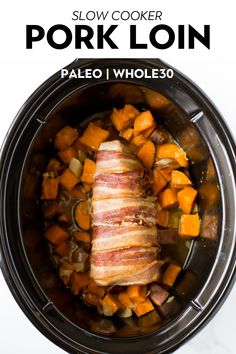 slow cooker pork loin in a slow cooker with text overlay that reads slow cooker pork loin