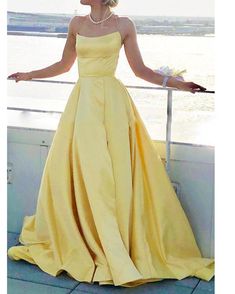 Silk Gown With Sweep Train For Banquet, Yellow Satin Evening Dress For Wedding, Elegant Yellow Satin Gown, Satin Ball Gown For Wedding, Silk Ball Gown With Sweep Train, Yellow Fitted Satin Gown, Silk Gown With Sweep Train For Prom Season, Silk Gown With Sweep Train For Prom, Elegant Yellow Gown For Debutante Ball