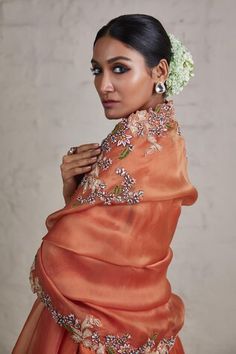 Burnt orange kurta with dori, thread, cutdana, pearl embroidery in floral pattern. Paired with border embroidered kalidar sharara and cutwork border embroidered dupatta. - Aza Fashions Orange Blouse For Wedding And Diwali, Semi-stitched Orange Blouse Piece For Wedding, Orange Blouse Piece With Zari Work For Wedding, Orange Pre-draped Saree For Wedding And Diwali, Orange Semi-stitched Blouse Piece For Wedding, Bollywood Style Orange Blouse Piece For Wedding, Orange Bollywood Style Blouse Piece For Wedding, Orange Bollywood Blouse Piece For Wedding, Elegant Orange Blouse Piece For Wedding