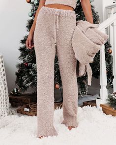 Best Seller Relaxed Fit 100% Polyester Machine Wash Cold. Dry Flat High Rise Elastic Drawstring Waistband Straight Leg Soft. Fuzzy Fabrication No Closures Not Lined //Best Seller//New Color// Our coziest lounge set yet! Our Cozy Town Soft Knit Drawstring Pants are a classic beige hue. Designed with a drawstring waist closure. Pair these fuzzy pants with the matching top and cardigan. Styled with the Perfect Hoop Earrings. Chloe Mini Necklace. The Buddha Wheel Necklace. Cozy Town Pocketed Hooded Fuzzy Pants, Cozy Town, Crop Top And Pants Set, Soft Knit Cardigan, Cut Clothes, Sleeveless Suit, Style Upgrade, Knit Crop Top, Daily Dress