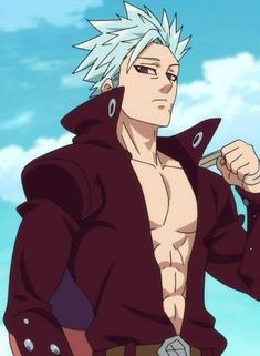 an anime character with white hair and no shirt holding two swords in his hands while looking off into the distance