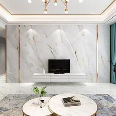 an elegant living room with marble walls and flooring, including a tv on the wall