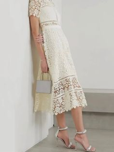 White floral embroidered midi dress - Wapas Battenburg Lace, Ivory Lace Dress, Mother Of Groom Dresses, Embroidered Midi Dress, Embroidered Maxi Dress, Groom Dress, Wide Pants, Lace Midi Dress, Fit N Flare Dress