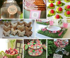 a collage of different desserts and pastries on display in vases, plates, bowls