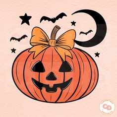 a halloween pumpkin with a bow on it's head and bats around the face