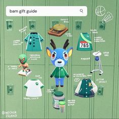 an animal crossing game with clothing and items on it's display board, including t - shirts