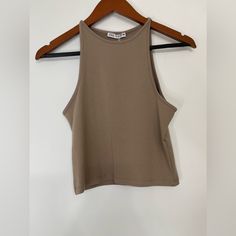 Zara Beige Fitted Crop Top. Size Medium Casual Beige Halter Neck Tank Top, Casual Brown Halter Neck Tank Top, Trendy Khaki Crop Top For Summer, Zara Beige Summer Crop Top, Zara Beige Crop Top For Summer, Brown Sleeveless Halter Top For Spring, Casual Beige Halter Top For Spring, Khaki Crop Top For Summer, Brown Summer Crop Halter Top