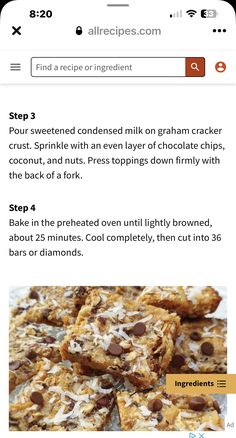 the recipe for chocolate chip bars is shown