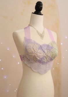 Unique Lilac and Aqua mermaid Crochet Top - Upcycled art to wear - Boho Festival Goddess  A unique mermaid inspired design for a summer occasion... This top is perfect for an unconventional ceremony, for festivals, beach weddings or to simply bring some magic to your casual summer outfits. All hand dyed in shades of lilac and aqua. To create this piece I used antique crochets, vintage embroidery, a small jewelry piece for some shimmery and organza *ADJUSTABLE* straps. This piece will best fit B Fitted Crochet Lace Top For Wedding, Lace Crochet Top For Festival, Festival Lace Crochet Top, Crochet Mermaid Top, Mermaid Crochet Top, Mermaid Core Crochet, Mermaidcore Crochet, Purple Bohemian Crochet Top For Festival, Festival Goddess