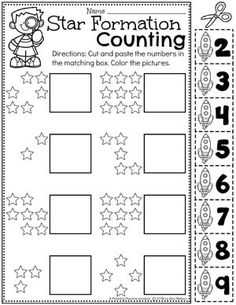 star formation counting worksheet with numbers and stars on the front, in black and white