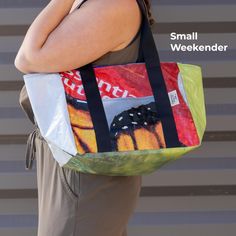 Perfectly sized for travel with interior & exterior pockets. The design on each bag varies, as they are crafted from upcycled billboards, ensuring a one-of-a-kind piece with every purchase. Colorful fabric lined interior Magnetic snap enclosure Interior & exterior pockets Handmade using material from Organic Valley billboards One-of-a-kind Available in two sizes: Large: 17”x6"x12” Small: 13”x7"x10” This latest edition to the PROTECT Collection, is lovingly handmade by the artisans at the 55saint Eco-friendly Rectangular Shoulder Bag For Weekend, Practical Rectangular Recyclable Bags, Eco-friendly Upcycled Bags From Recycled Materials, Practical Recyclable Rectangular Bags, Everyday Upcycled Bag From Recycled Materials, Everyday Multicolor Recycled Material Bag, Everyday Multicolor Bag Made Of Recycled Materials, Green Upcycled Shoulder Bag For Everyday, Everyday Rectangular Bag From Recycled Plastic