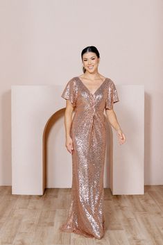 Model: Audra; Size: 4 Wedding Parties Colors, Rose Gold Dress, Modest Style, Angel Sleeves, Bridesmaid Dress Colors, Sequin Fabric, Mother Of The Groom, Wide Sleeves, Dress Code