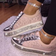 Crystal Anklet, Rhinestone Flats, Zipper Heels, Casual Heels, Shoes Comfortable, Silver Shoes, Wedge Sneakers, Sneakers Outfit, Lace Up Heels