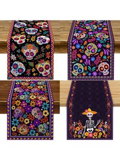 three different rugs with skulls and flowers on them, one has a mexican design