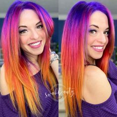 Fantasy Color Hair Short, Bright Ombre Hair, Sunset Colored Hair, Bright Coloured Hair, Short Sunset Hair, Sunset Hair Dye Ideas, Hair Color Ideas Bright, Fire Hair Color Ombre, Sunflower Hair Color Ombre