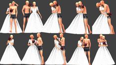 the bride and groom are posing for different poses in their wedding gowns, with flowers on