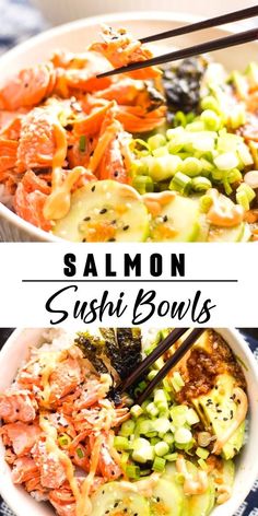 salmon sushi bowls with chopsticks in them and the title says salmon sushi bowls